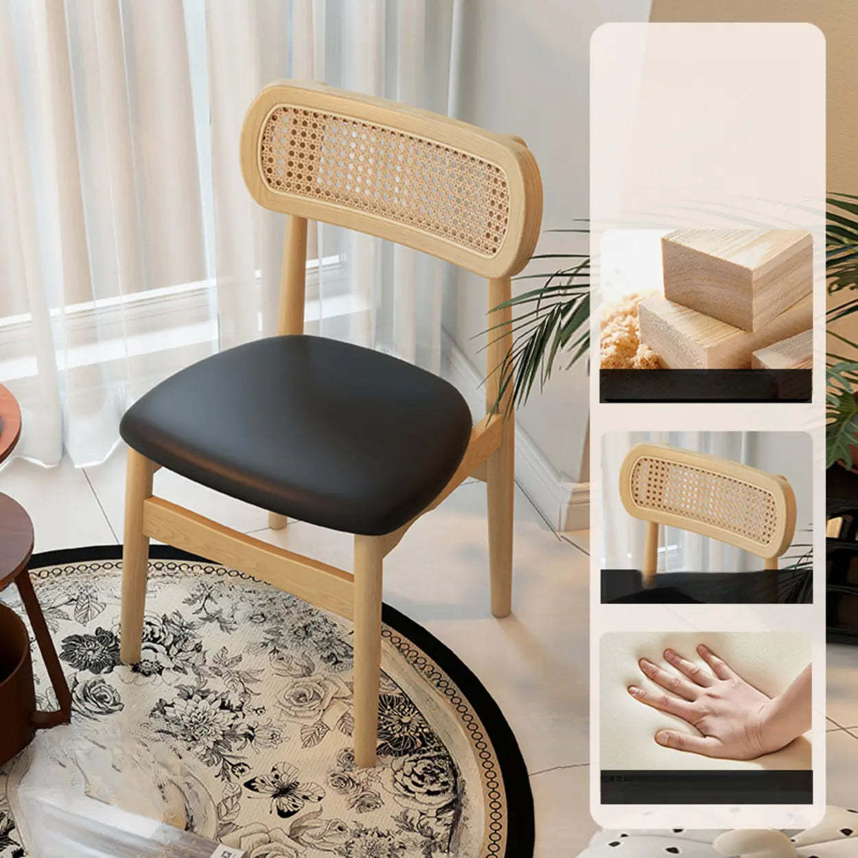 Scandinavian Rattan Open-Back Cushioned Dining Chair — Off-White / Black