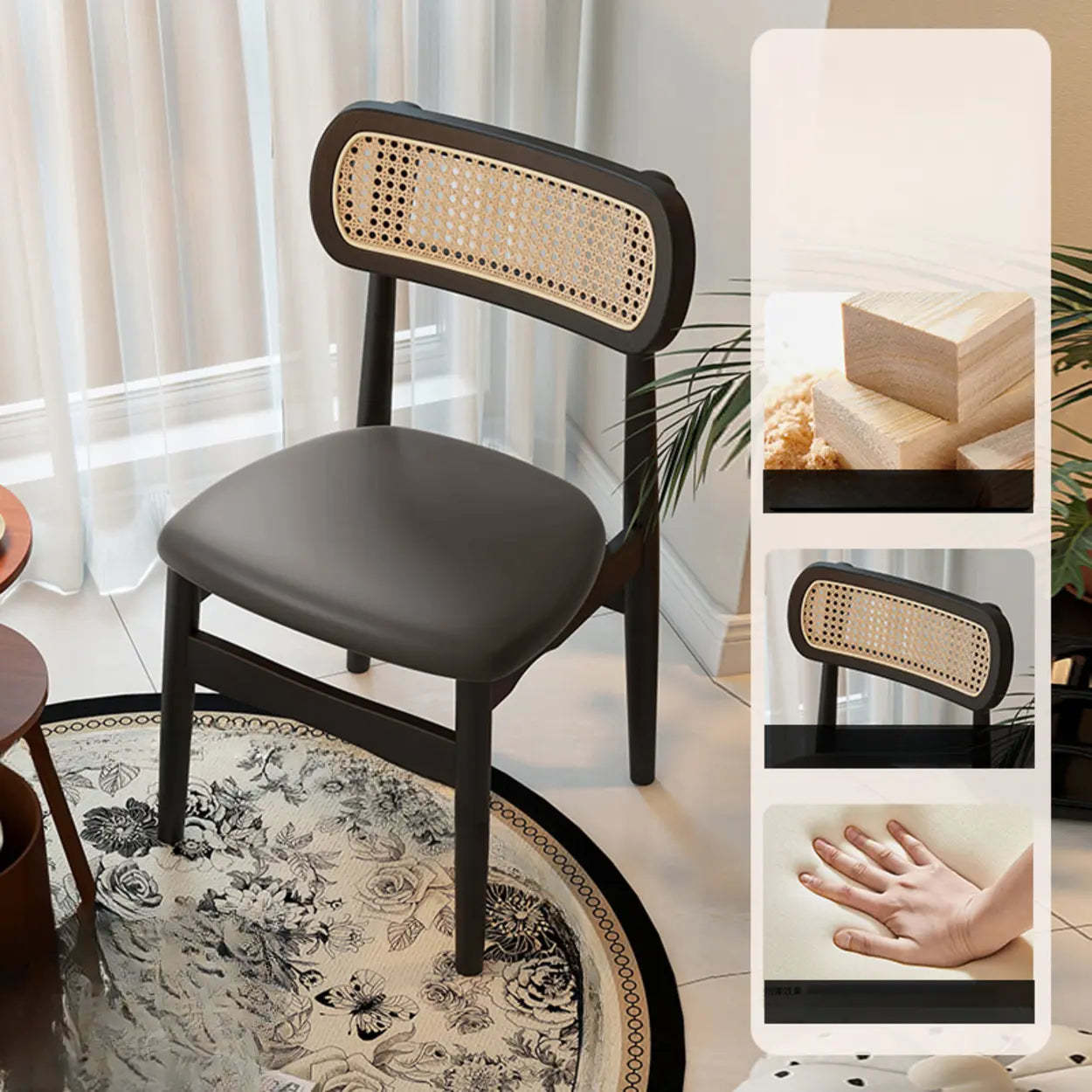 Scandinavian Rattan Open-Back Cushioned Dining Chair — Off-White / Walnut
