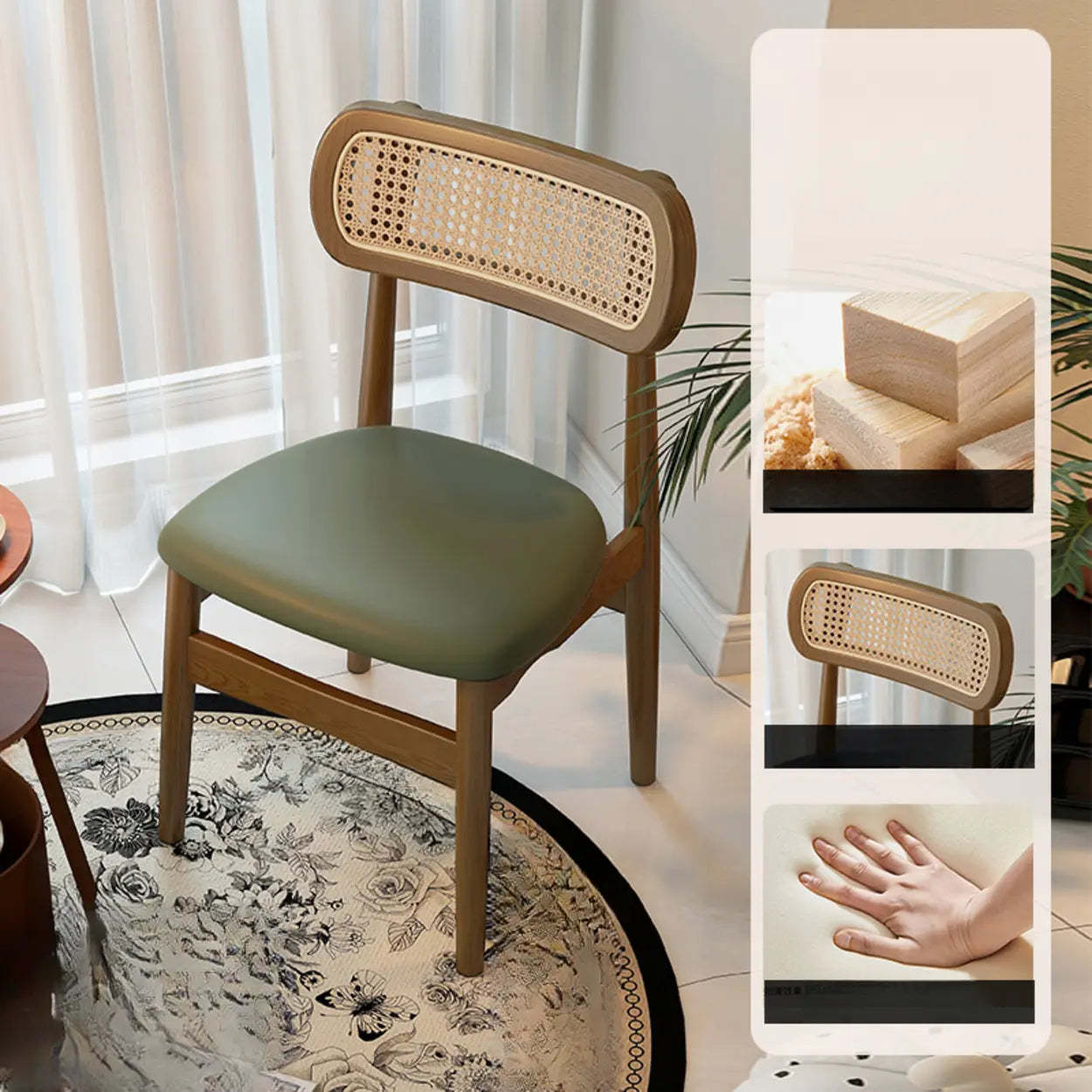 Scandinavian Rattan Open-Back Cushioned Dining Chair — Coffee / Natural Wood