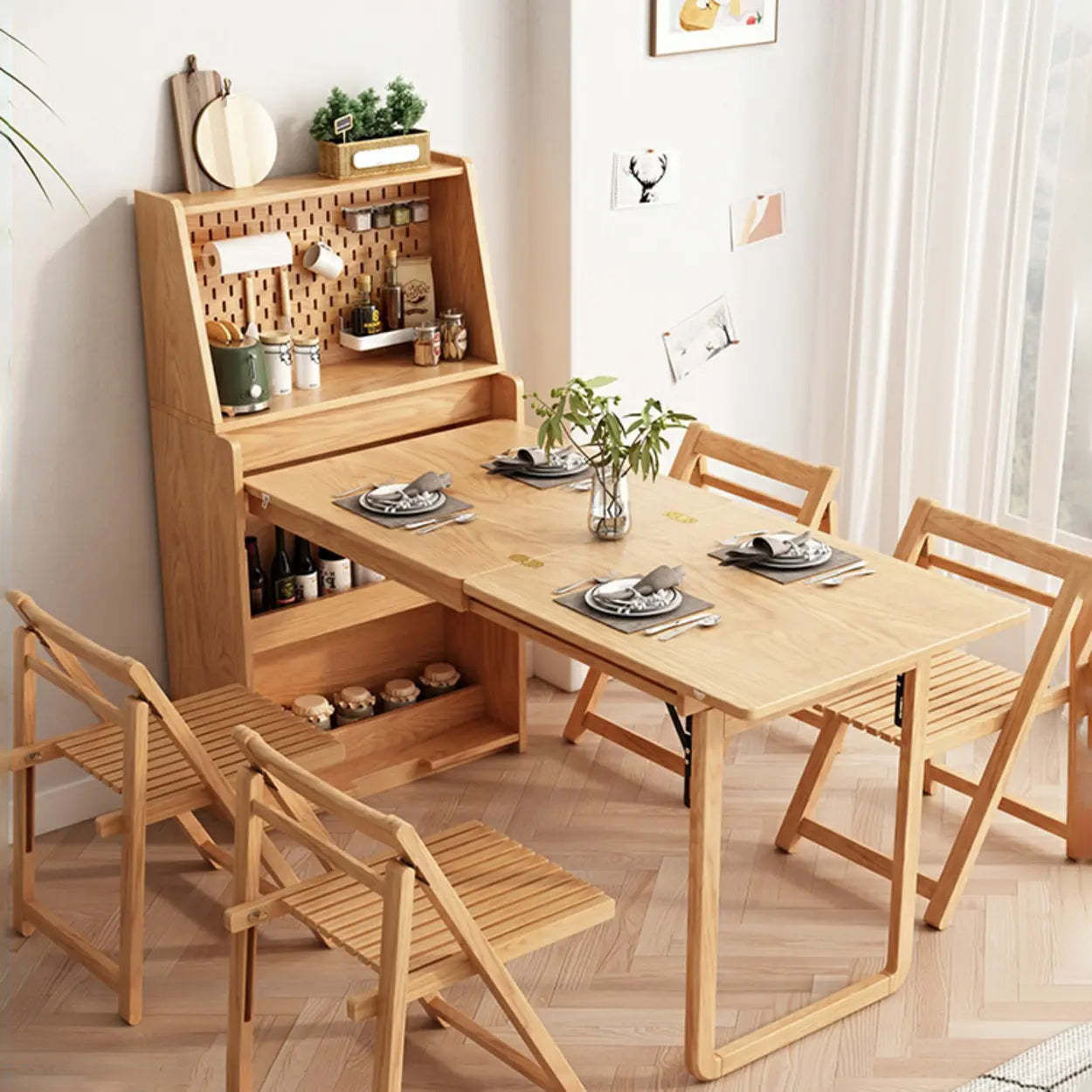 Scandinavian Natural Wood Dining Table with Storage — Table Only