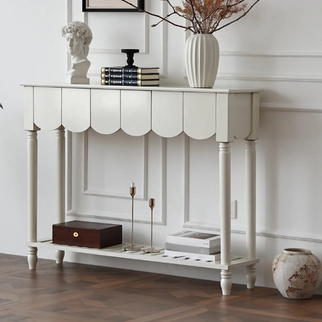 Scandinavian Wood Console Table with Floor Shelf
