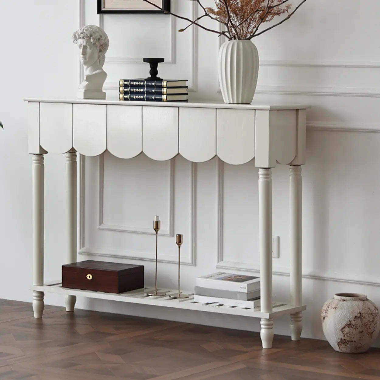 Scandinavian Wood Console Table with Floor Shelf