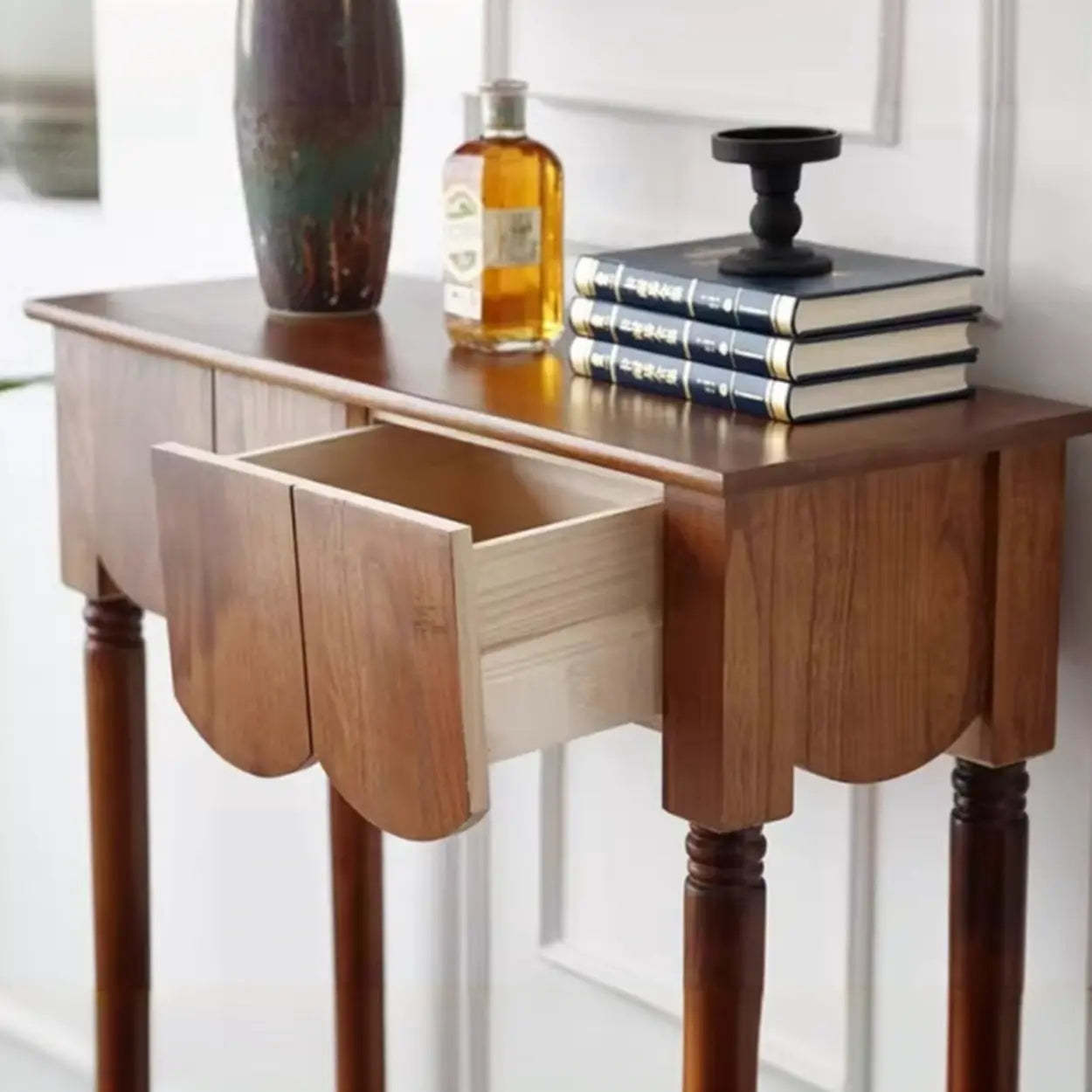 Scandinavian Wood Console Table with Floor Shelf