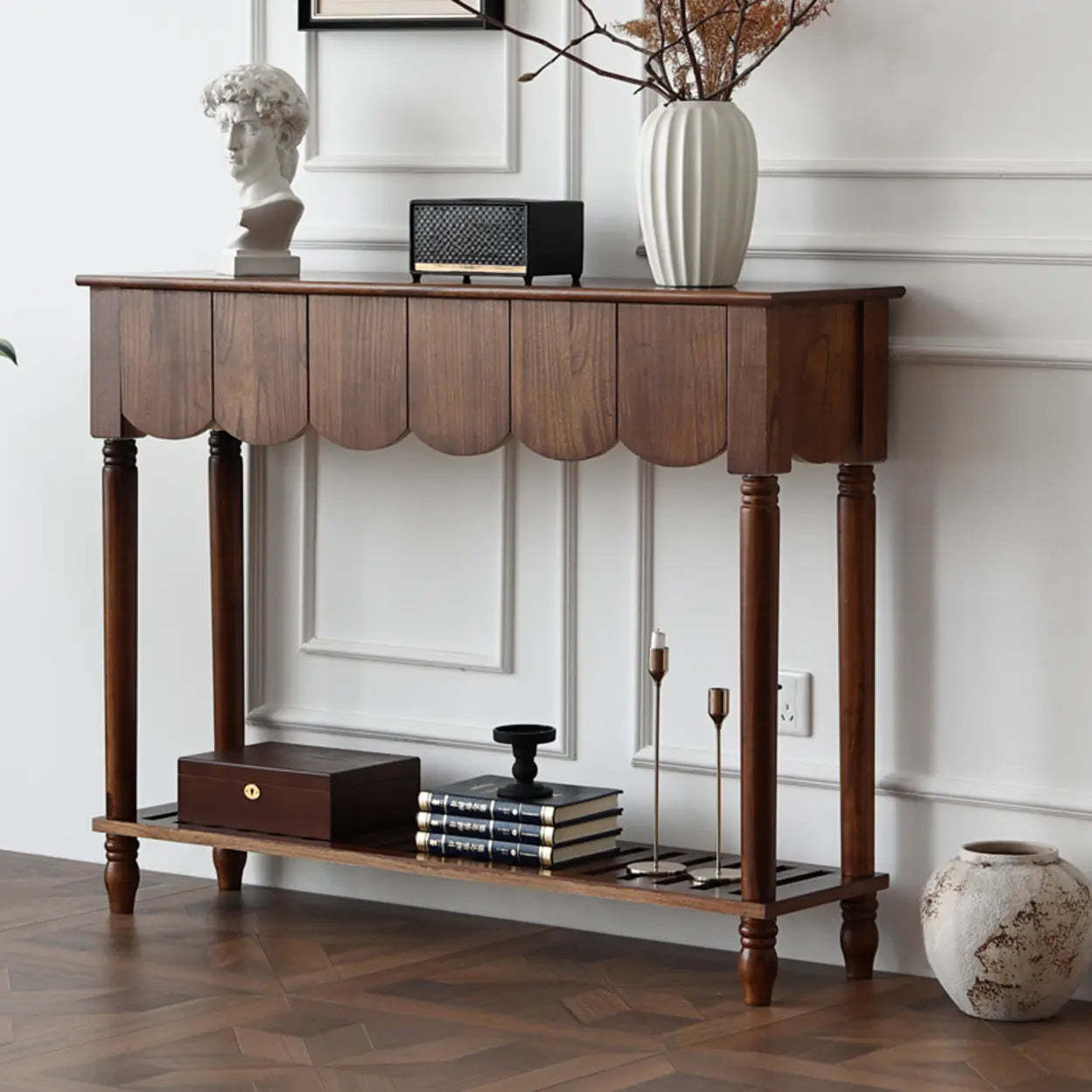 Scandinavian Wood Console Table with Floor Shelf — Light Walnut
