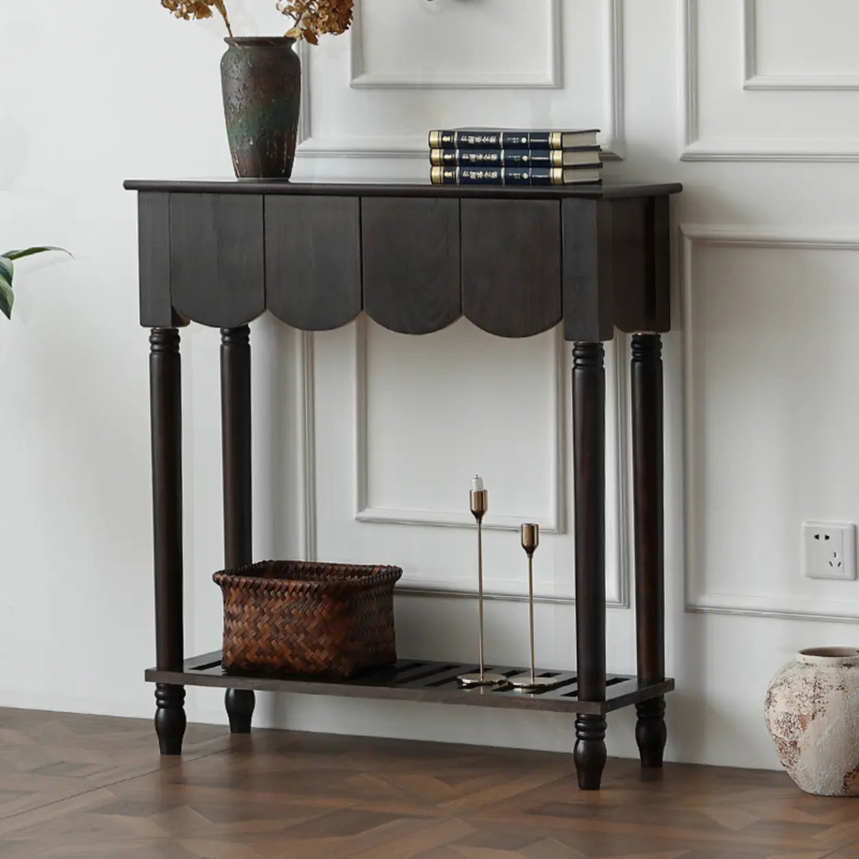 Scandinavian Wood Console Table with Floor Shelf — White