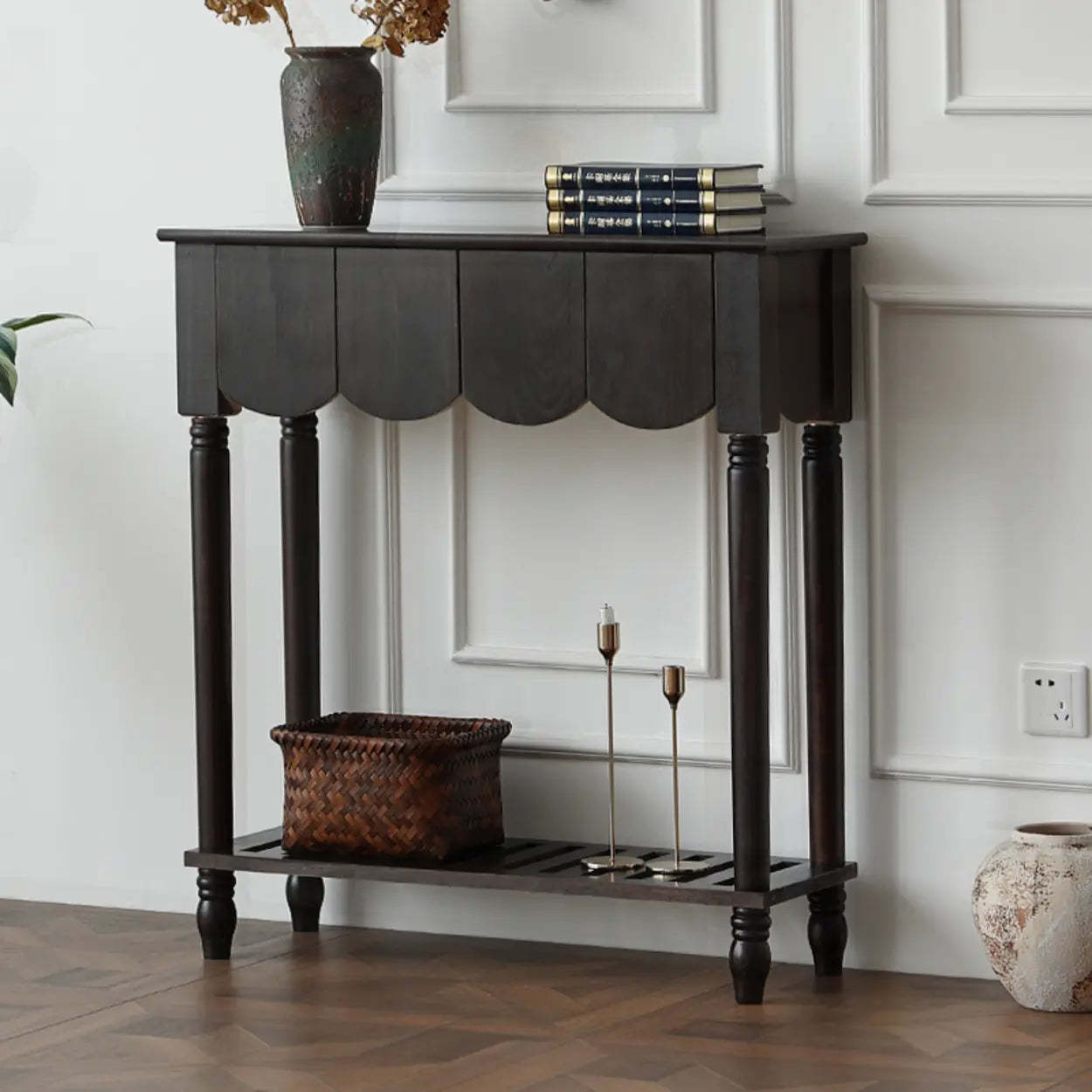 Scandinavian Wood Console Table with Floor Shelf — White