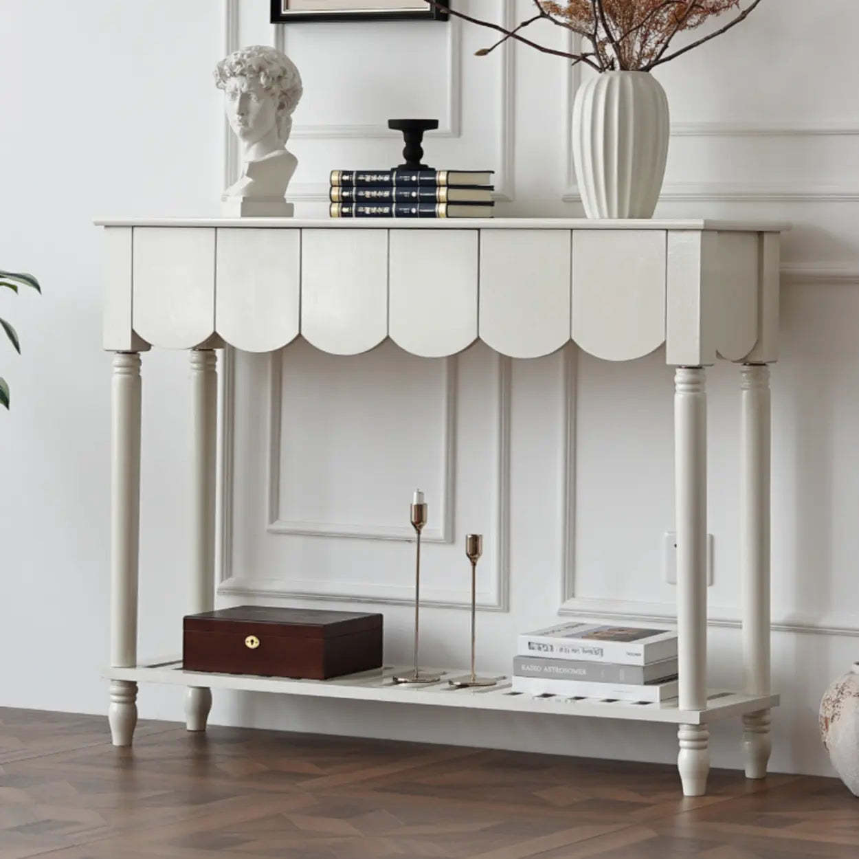Scandinavian Wood Console Table with Floor Shelf — Light Walnut