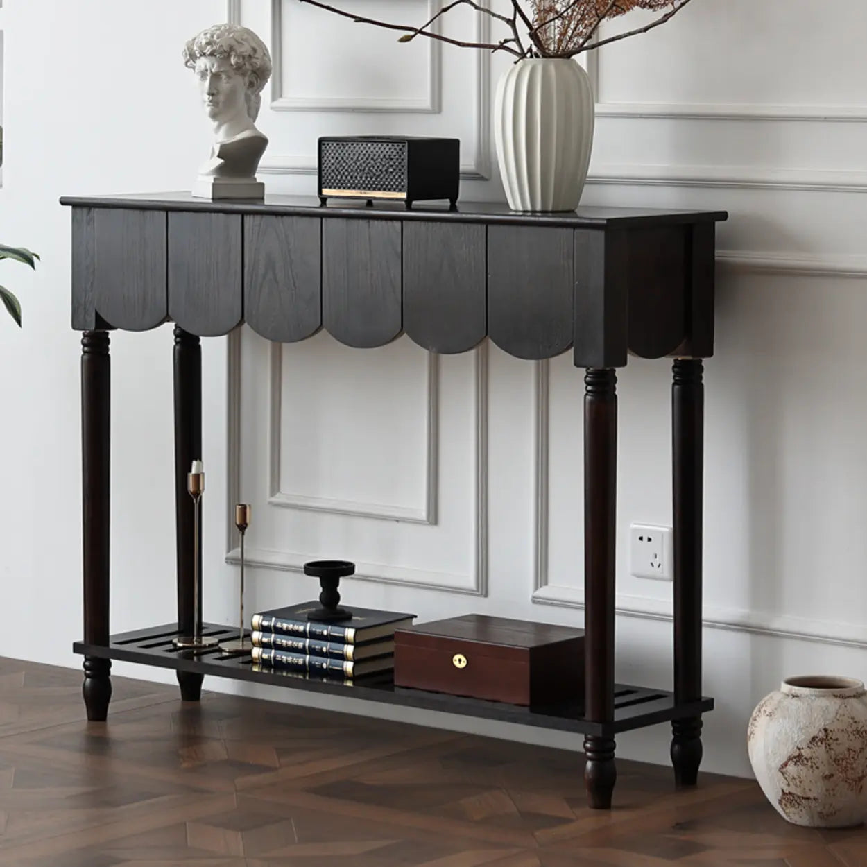 Scandinavian Wood Console Table with Floor Shelf
