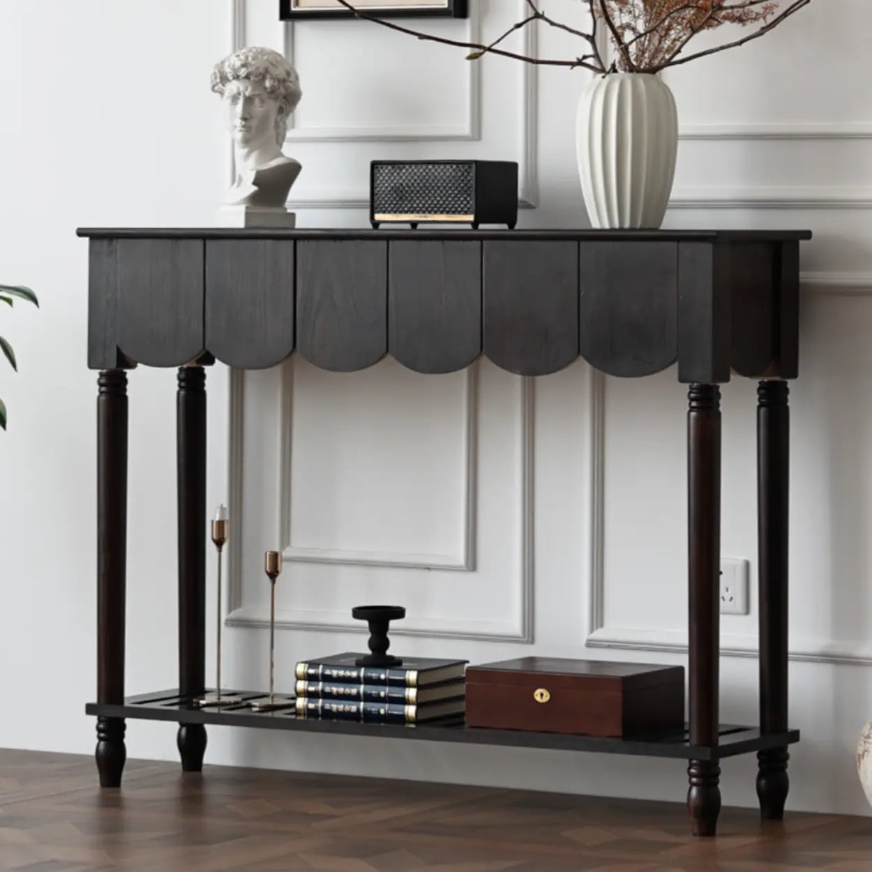 Scandinavian Wood Console Table with Floor Shelf