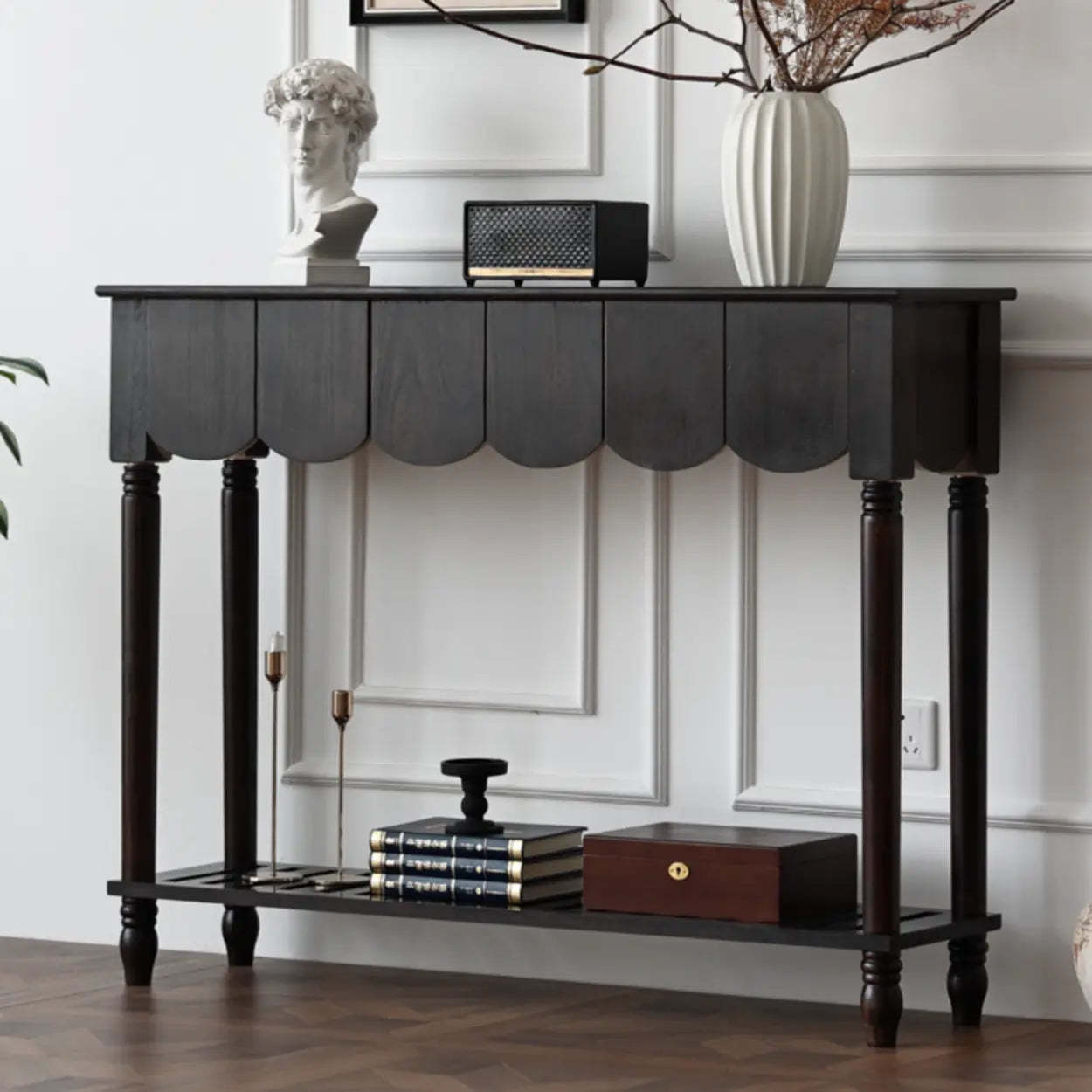 Scandinavian Wood Console Table with Floor Shelf