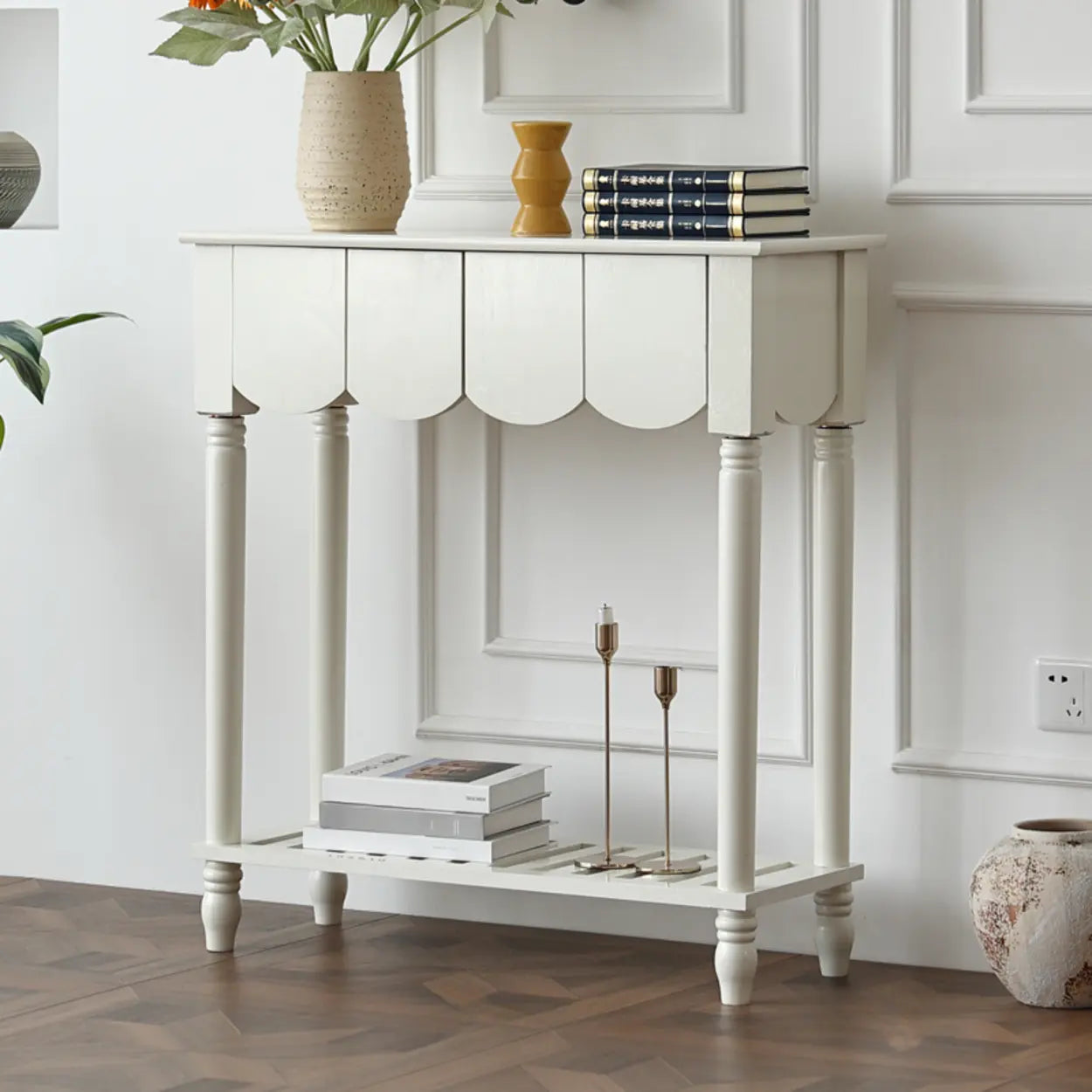Scandinavian Wood Console Table with Floor Shelf