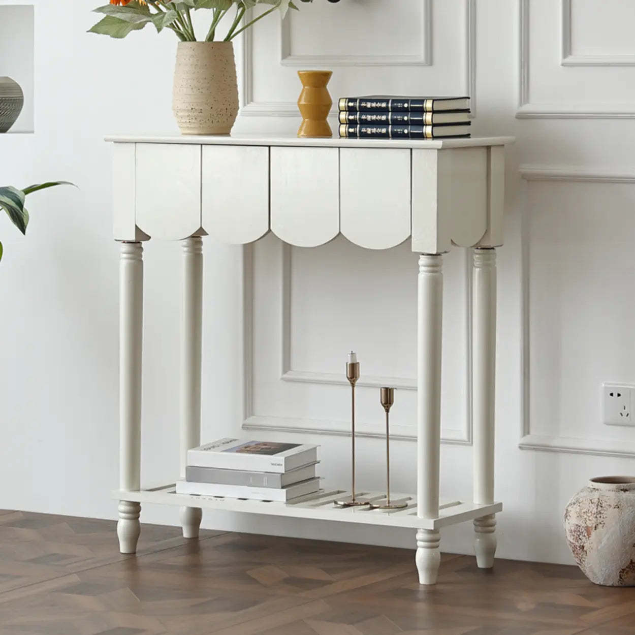 Scandinavian Wood Console Table with Floor Shelf