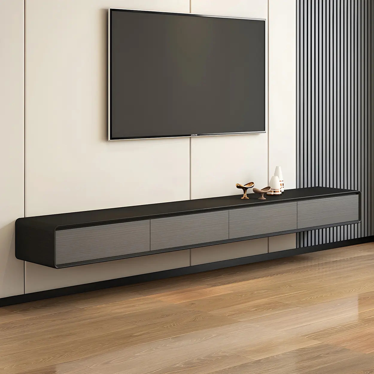Scandinavian Rectangular Wood Wall-Mount TV Stand — Black and White
