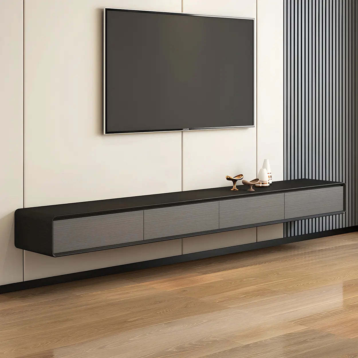Scandinavian Rectangular Wood Wall-Mount TV Stand — Black and White