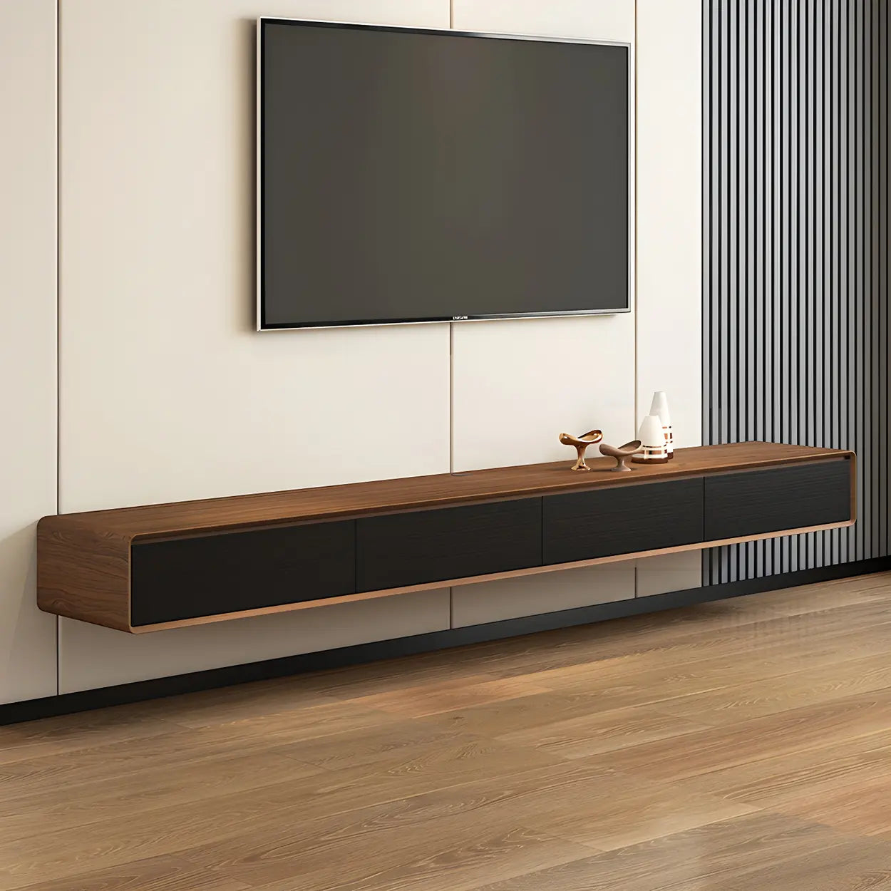 Scandinavian Rectangular Wood Wall-Mount TV Stand — Wood Color