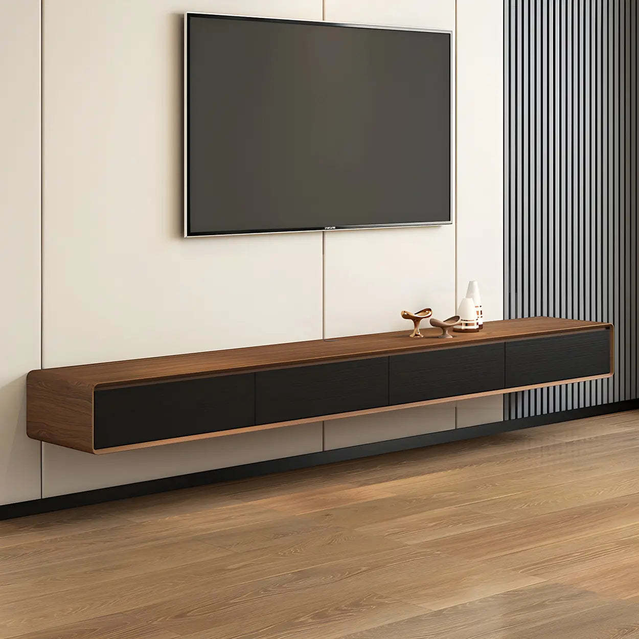 Scandinavian Rectangular Wood Wall-Mount TV Stand — Wood Color