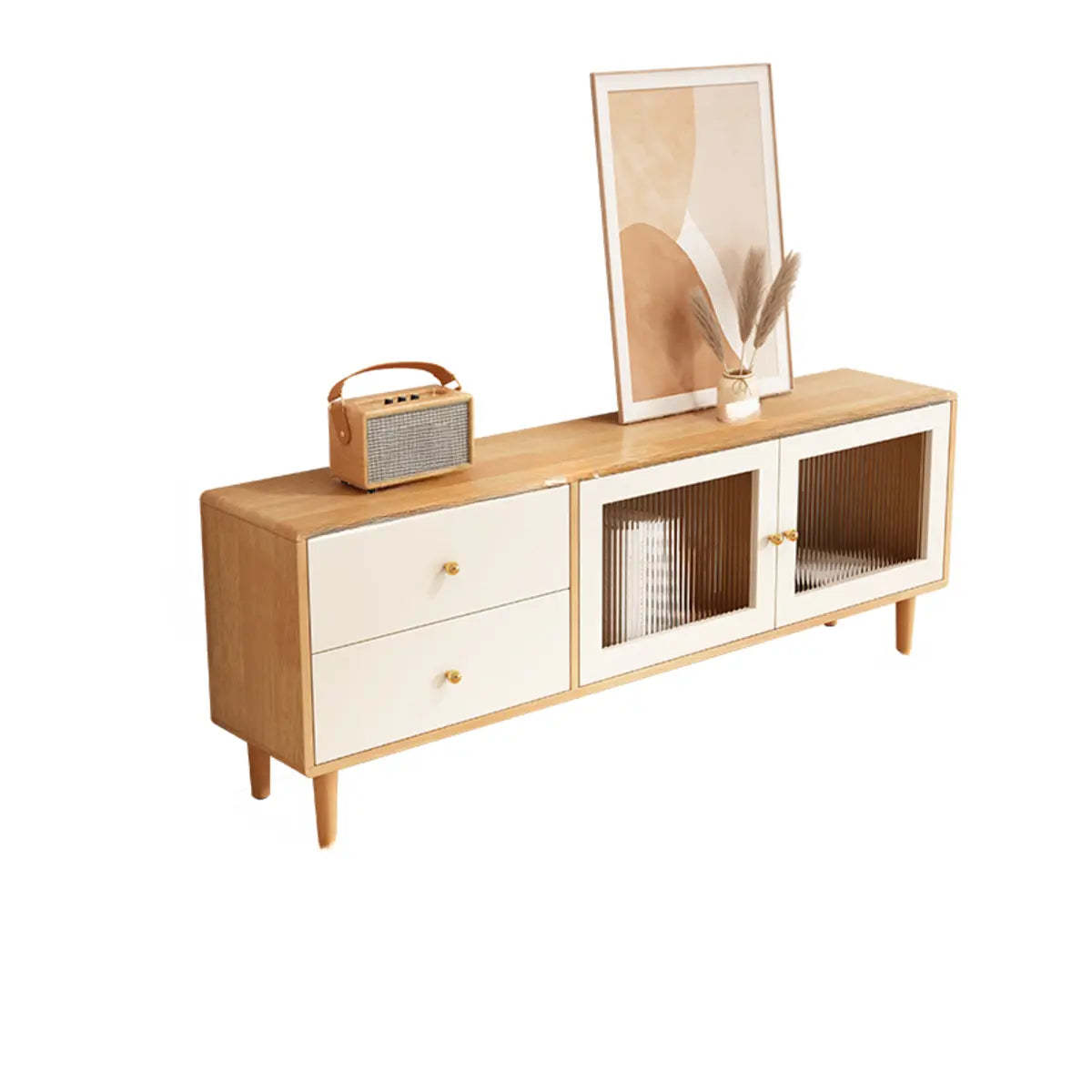 Scandinavian Rubberwood Enclosed Storage TV Stand — Natural/ White
