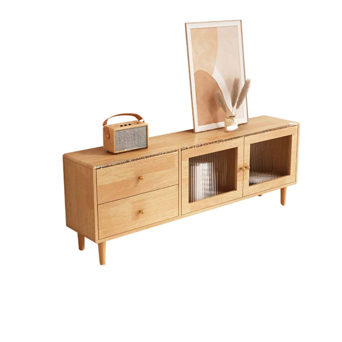 Scandinavian Rubberwood Enclosed Storage TV Stand — Natural/ White
