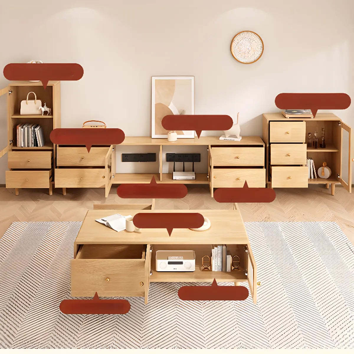 Scandinavian Rubberwood Enclosed Storage TV Stand — Natural/ White