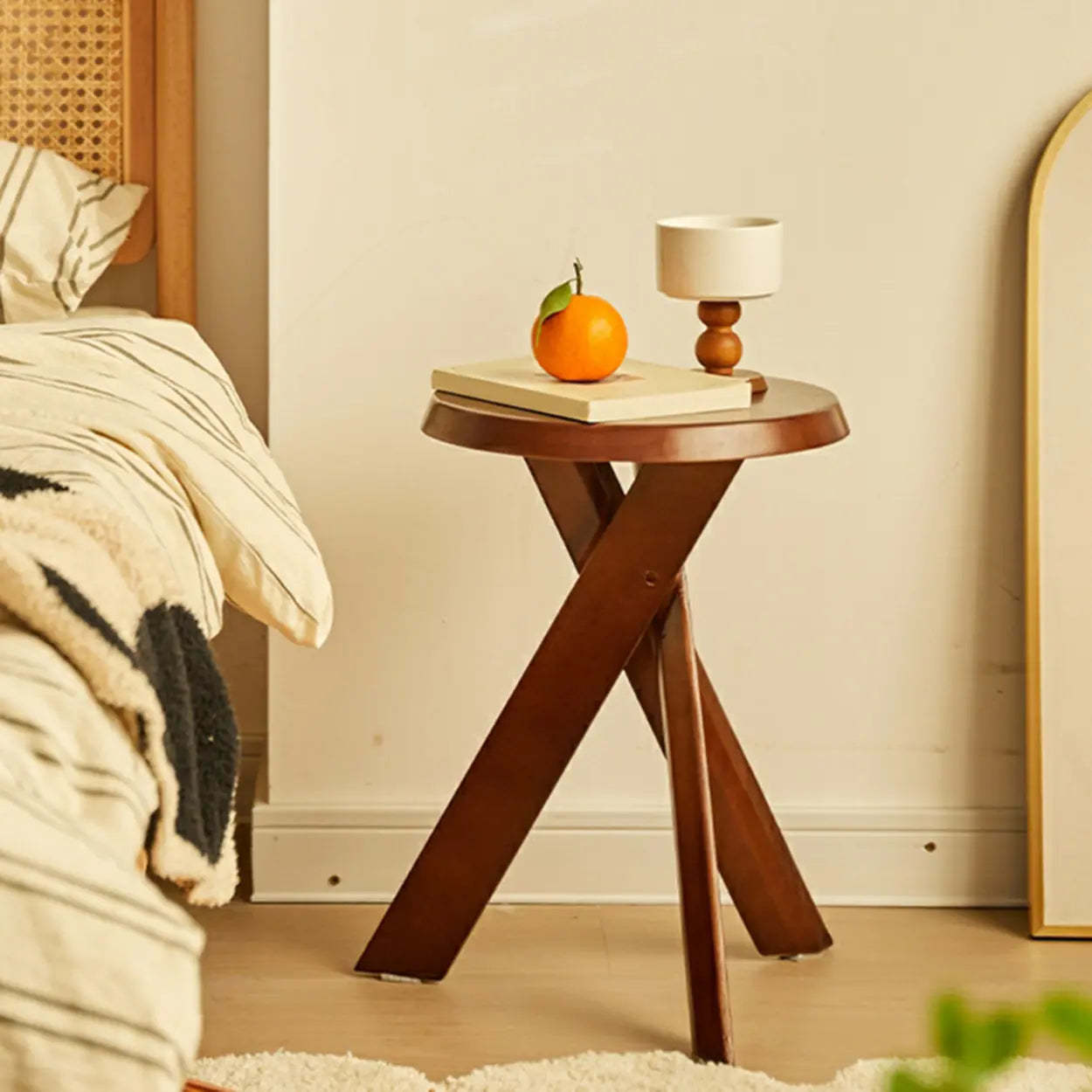 Scandinavian Small Wood Tripod Side Table — Cherry