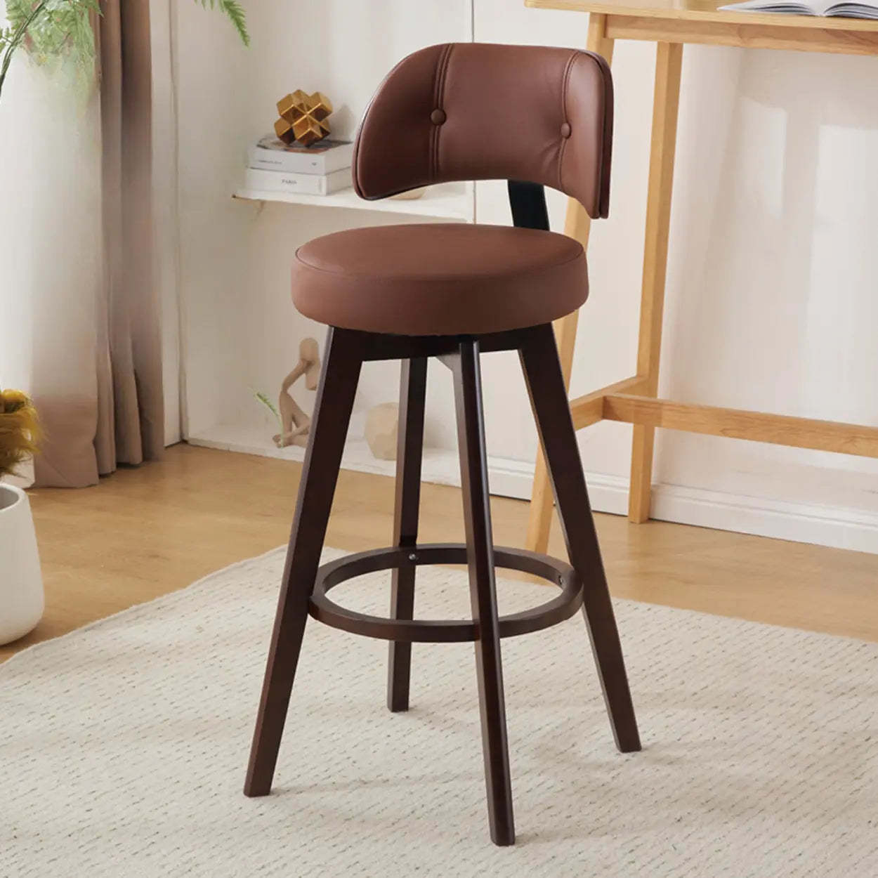 Scandinavian Swivel Wood Leather Padded Bar Stool — Natural / Oiled Leather / Black