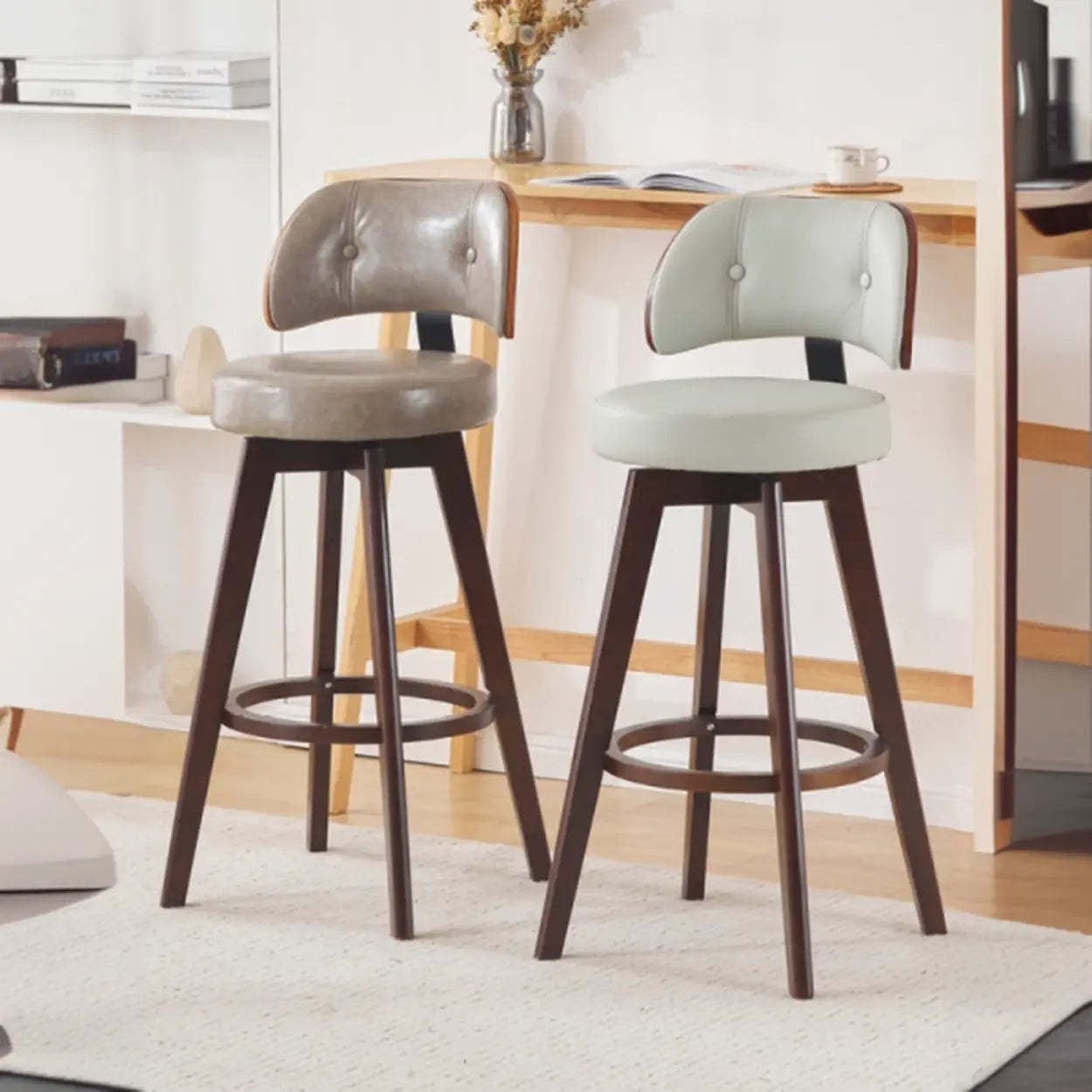 Scandinavian Swivel Wood Leather Padded Bar Stool — Natural / Oiled Leather / Gray