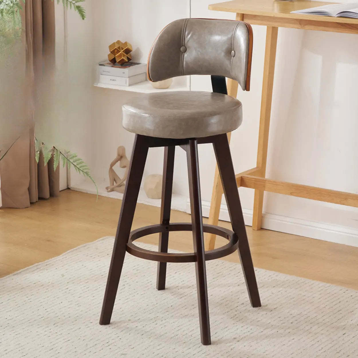 Scandinavian Swivel Wood Leather Padded Bar Stool — Natural / Oiled Leather / Beige