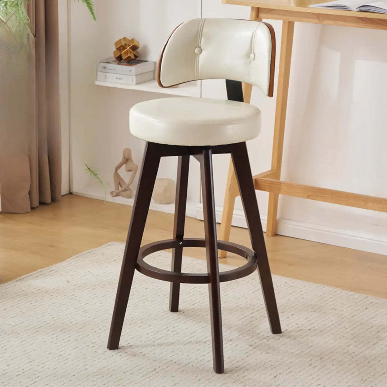 Scandinavian Swivel Wood Leather Padded Bar Stool — Natural / Oiled Leather / Dark Green
