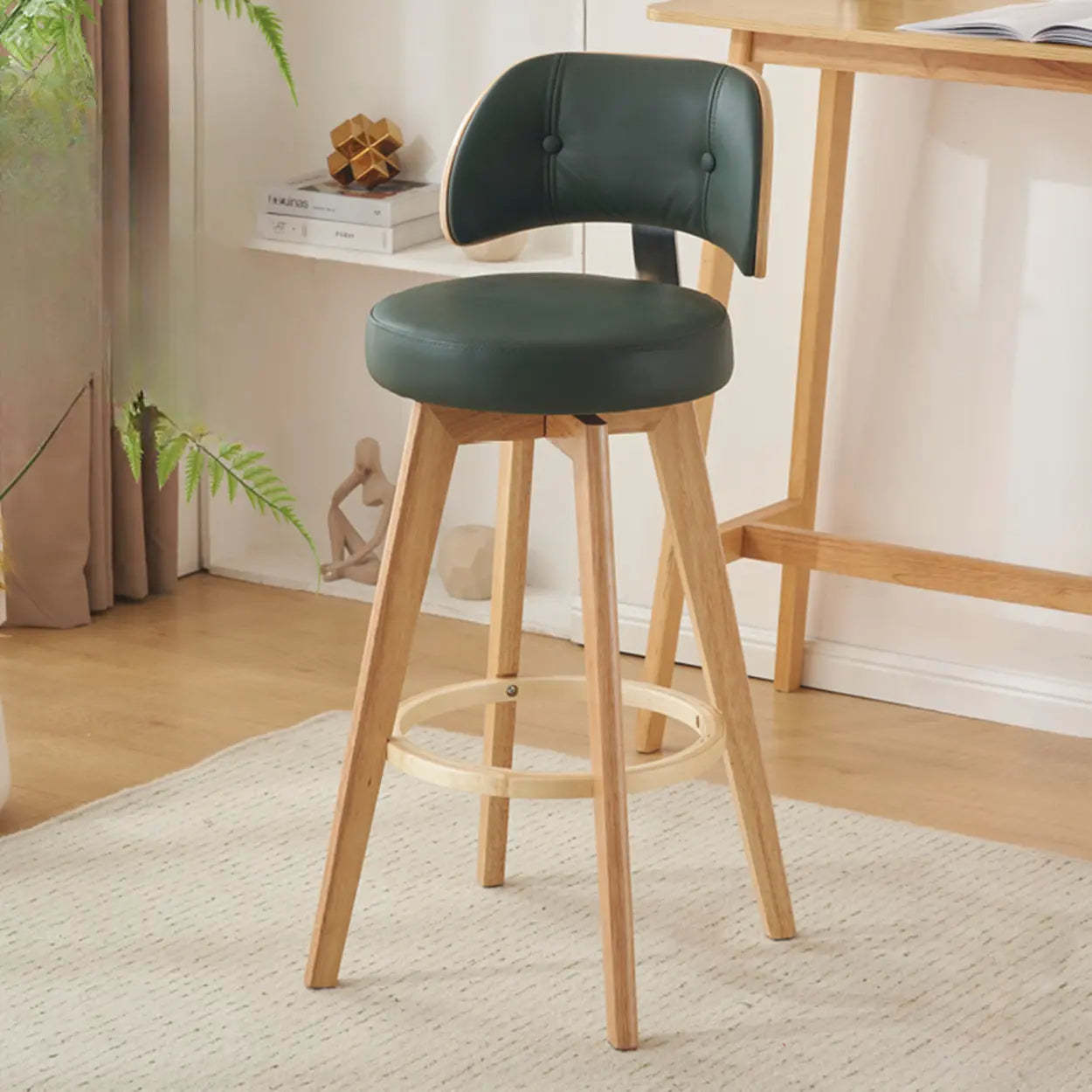 Scandinavian Swivel Wood Leather Padded Bar Stool — Natural / Cow Leather / Black