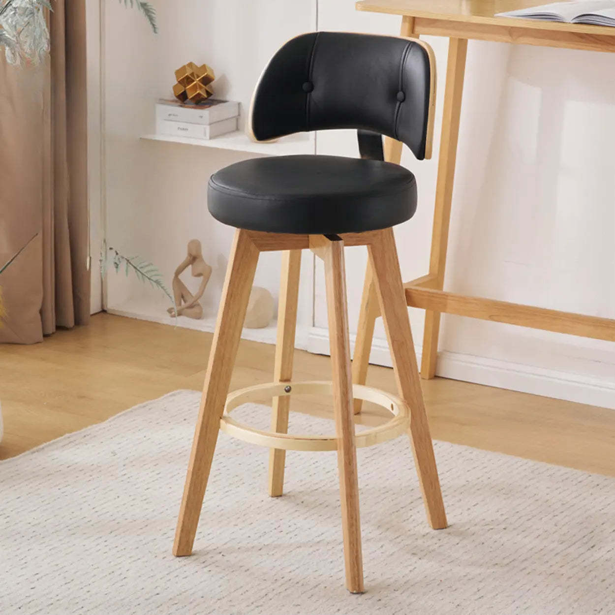 Scandinavian Swivel Wood Leather Padded Bar Stool — Natural / Cow Leather / Brown