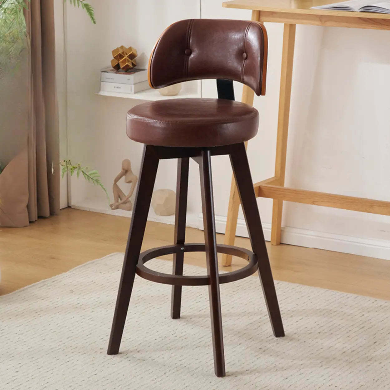 Scandinavian Swivel Wood Leather Padded Bar Stool