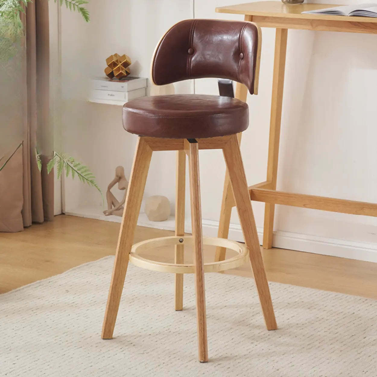 Scandinavian Swivel Wood Leather Padded Bar Stool