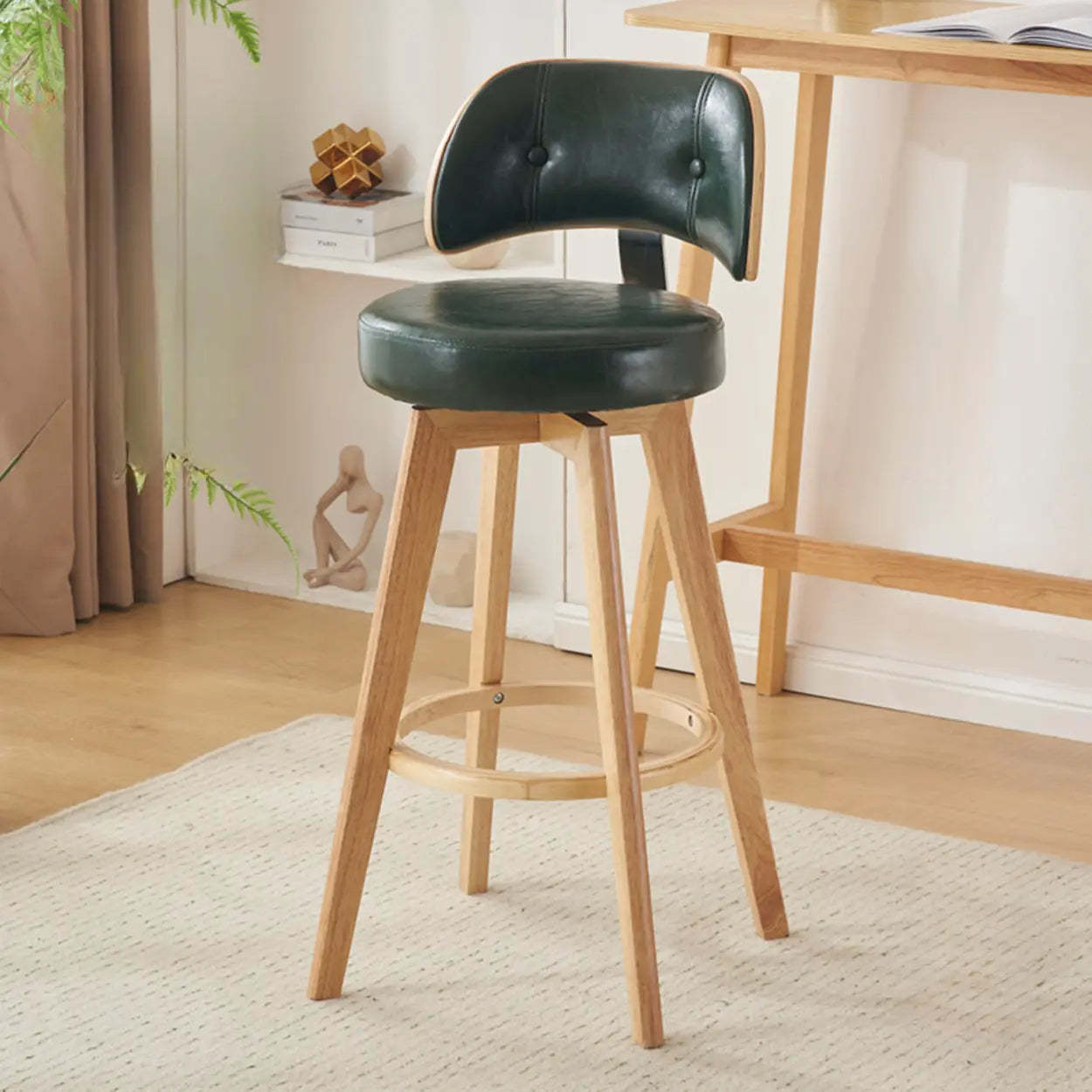 Scandinavian Swivel Wood Leather Padded Bar Stool