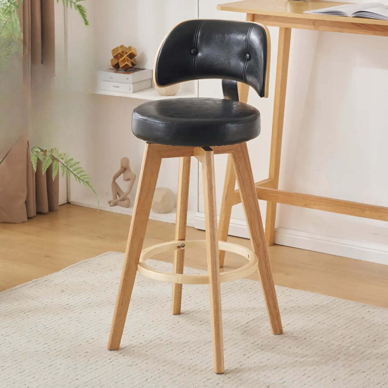 Scandinavian Swivel Wood Leather Padded Bar Stool