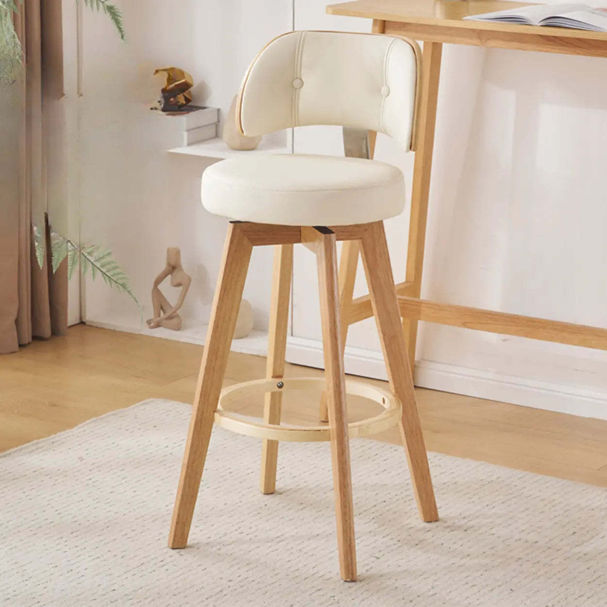 Scandinavian Swivel Wood Leather Padded Bar Stool