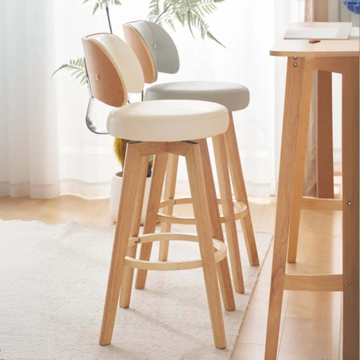 Scandinavian Swivel Wood Leather Padded Bar Stool — Brown / Oiled Leather / Gray