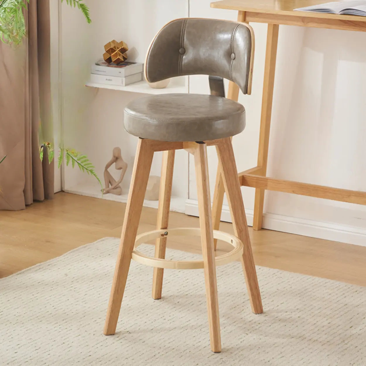 Scandinavian Swivel Wood Leather Padded Bar Stool — Brown / Oiled Leather / Beige