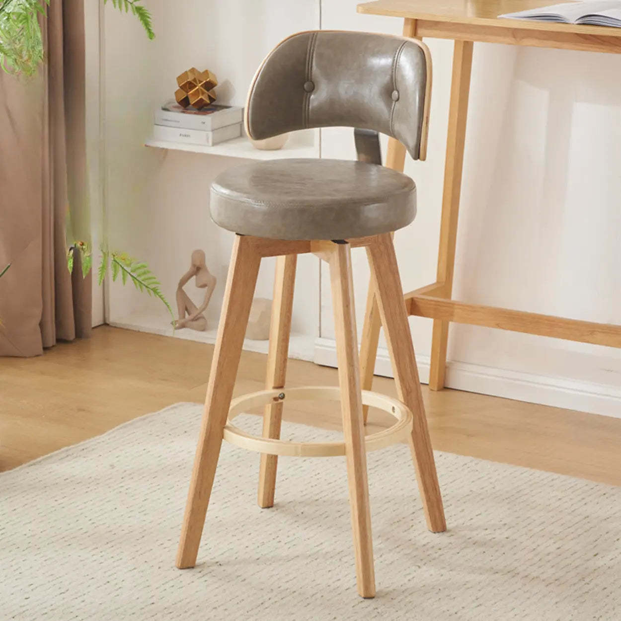 Scandinavian Swivel Wood Leather Padded Bar Stool — Brown / Oiled Leather / Beige