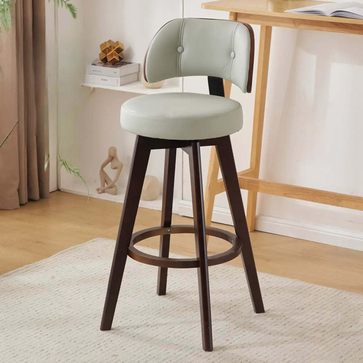 Scandinavian Swivel Wood Leather Padded Bar Stool — Brown / Oiled Leather / Brown