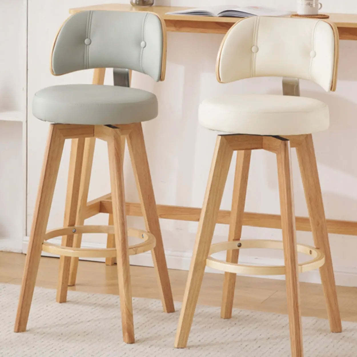 Scandinavian Swivel Wood Leather Padded Bar Stool — Brown / Oiled Leather / Dark Green