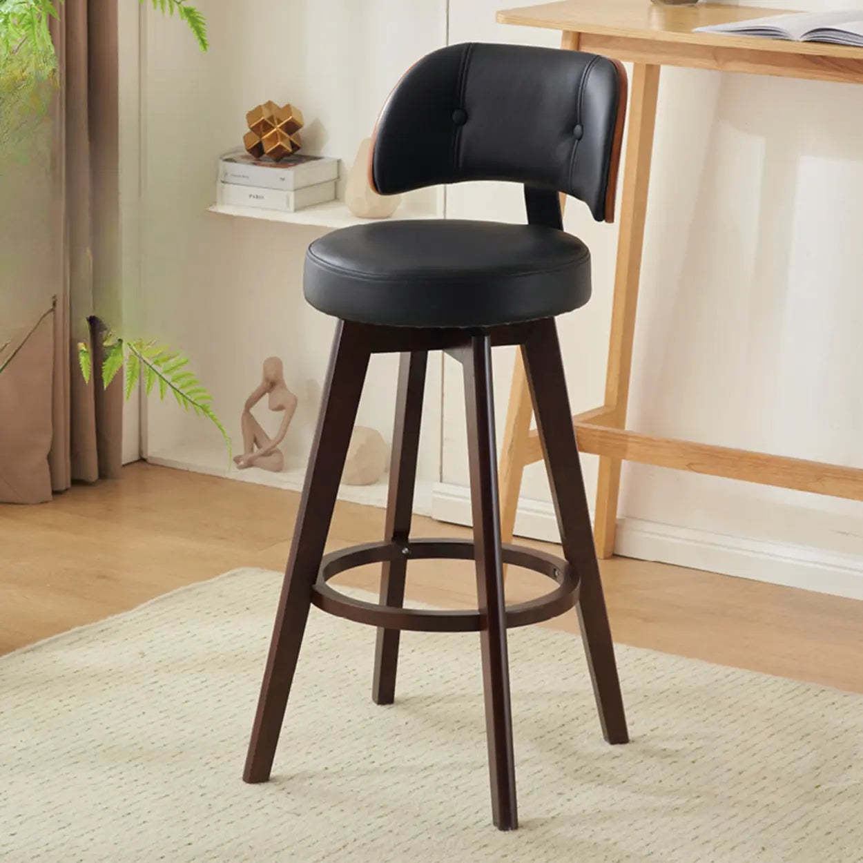 Scandinavian Swivel Wood Leather Padded Bar Stool — Brown / Cow Leather / Black