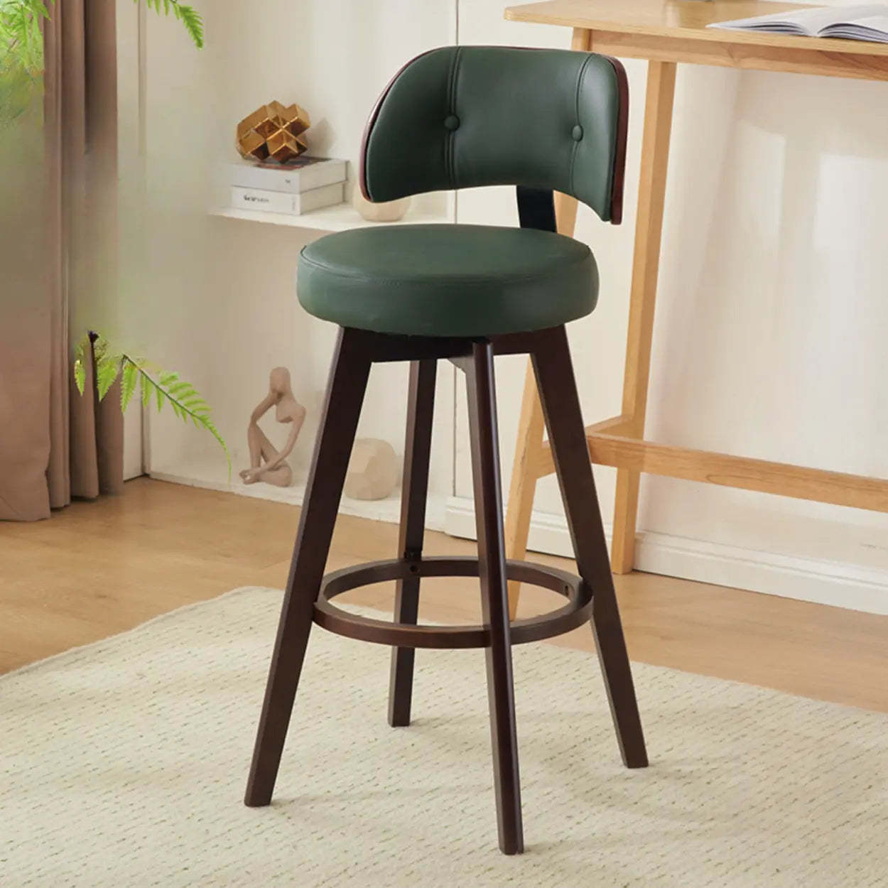 Scandinavian Swivel Wood Leather Padded Bar Stool — Brown / Cow Leather / Gray