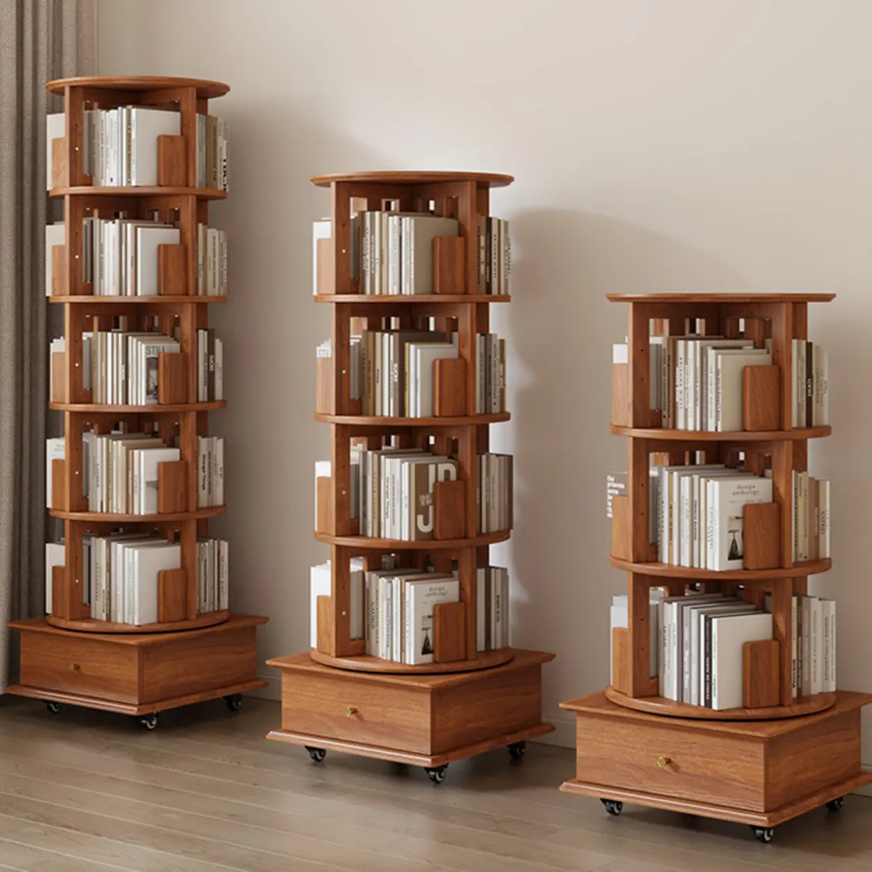 Scandinavian Tiered Rotating Wood Corner Bookshelf — Cream White