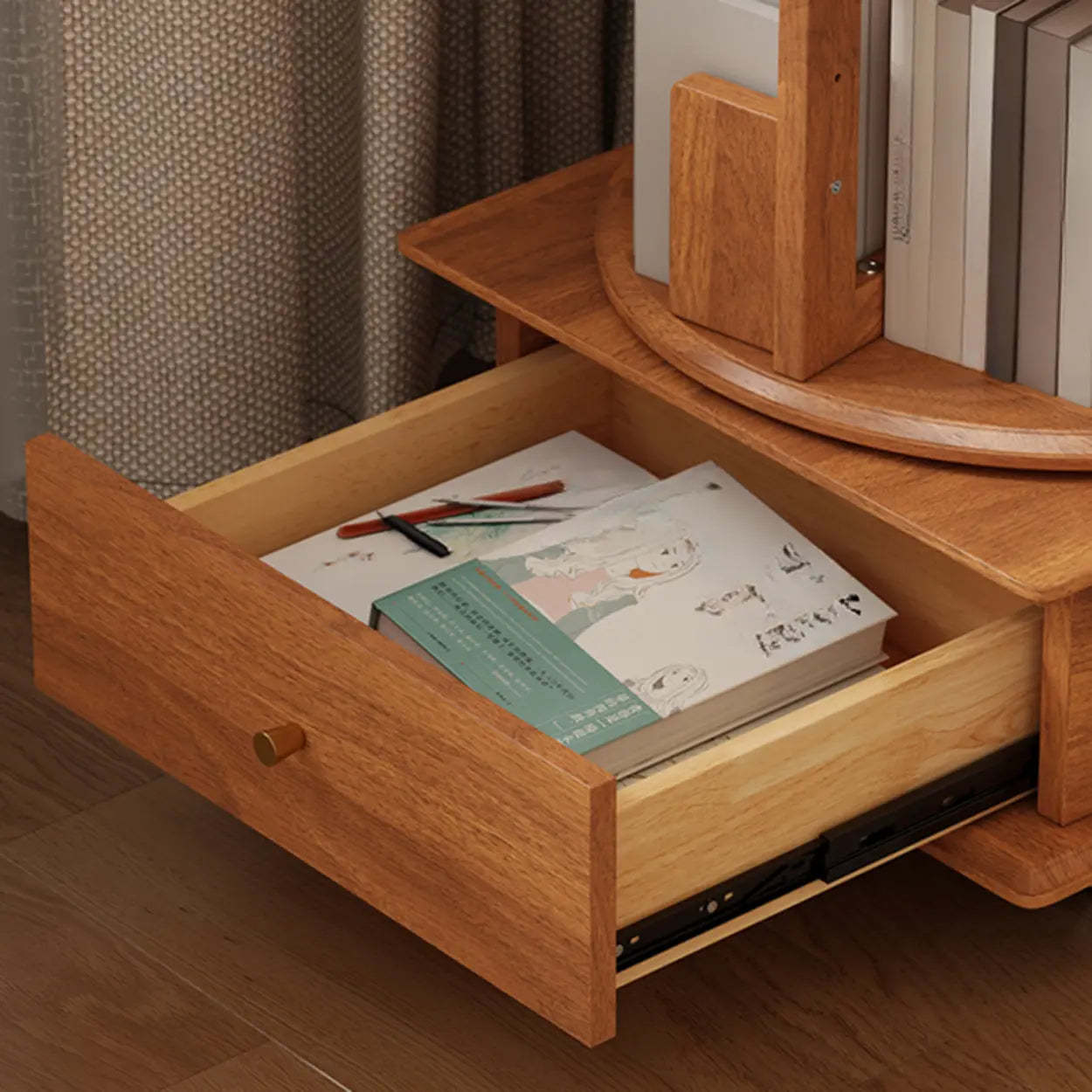 Scandinavian Tiered Rotating Wood Corner Bookshelf — Cherry Wood