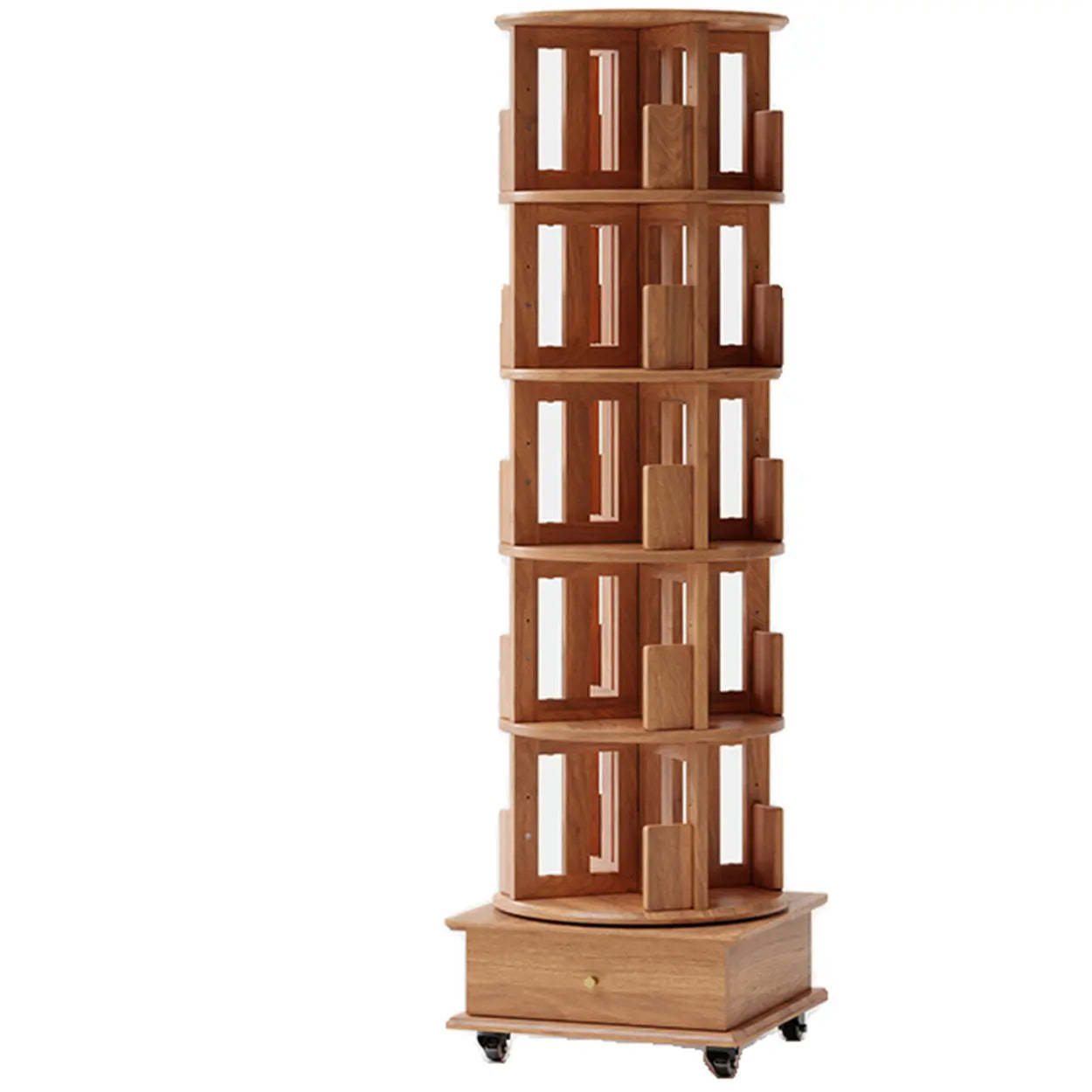 Scandinavian Tiered Rotating Wood Corner Bookshelf — Cherry Wood