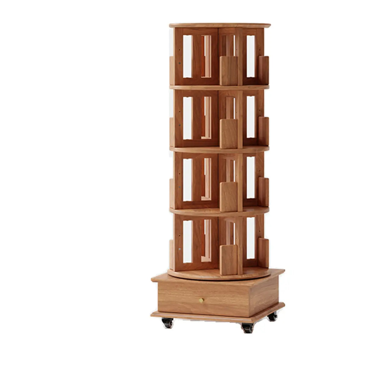 Scandinavian Tiered Rotating Wood Corner Bookshelf — Cherry Wood