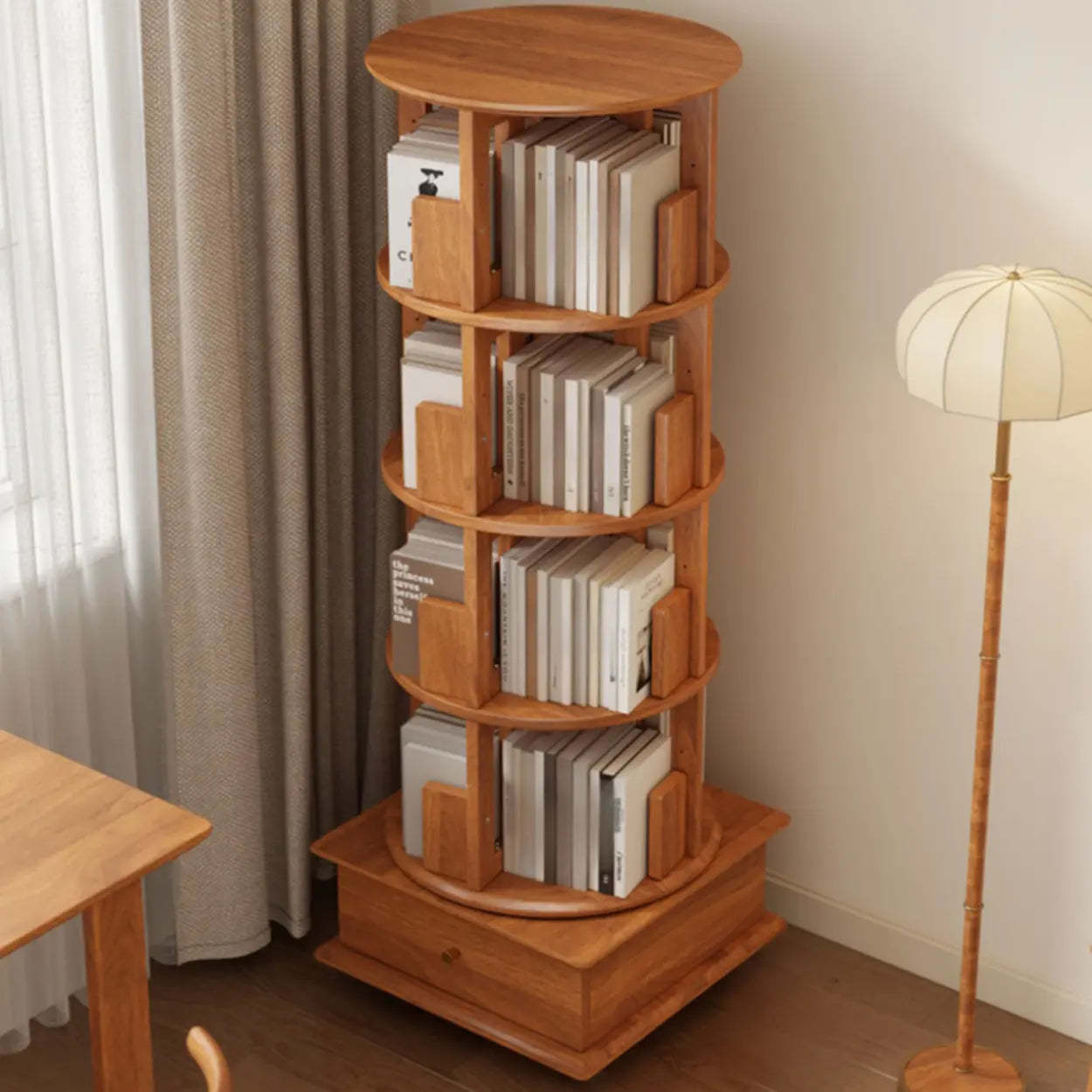 Scandinavian Tiered Rotating Wood Corner Bookshelf — Cream White