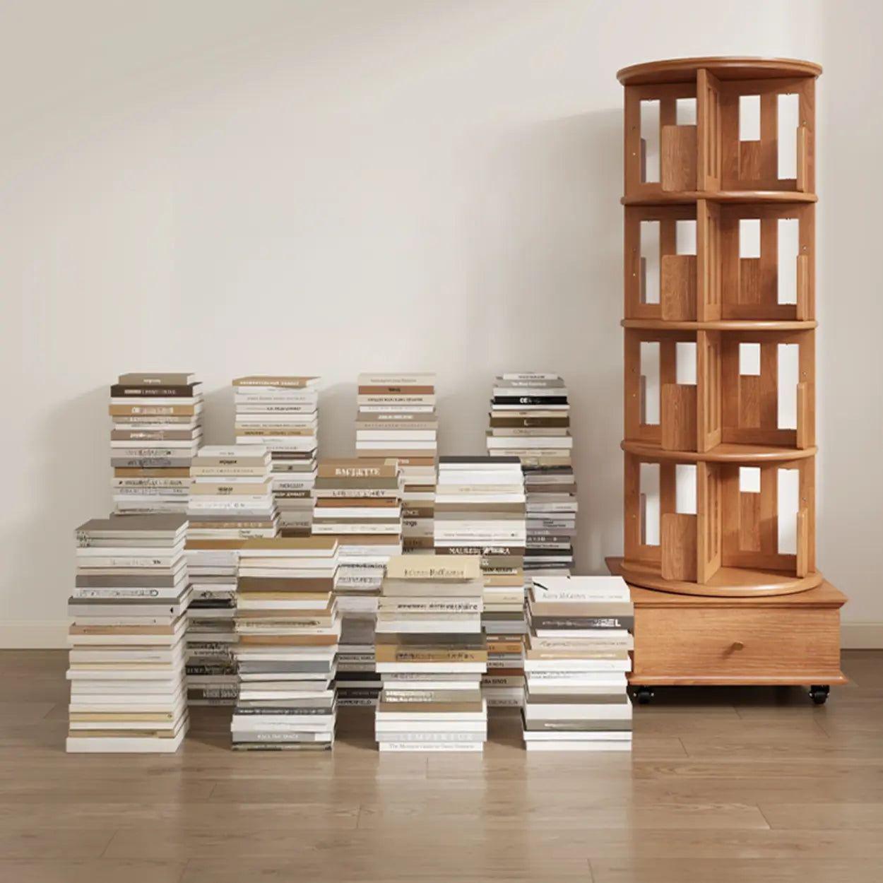 Scandinavian Tiered Rotating Wood Corner Bookshelf — Cream White