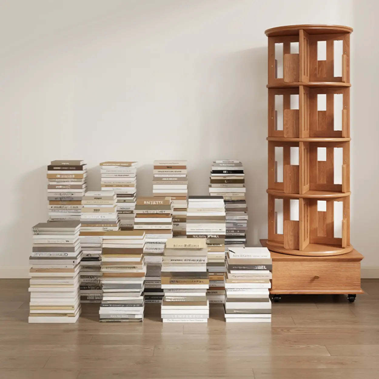 Scandinavian Tiered Rotating Wood Corner Bookshelf — Cream White