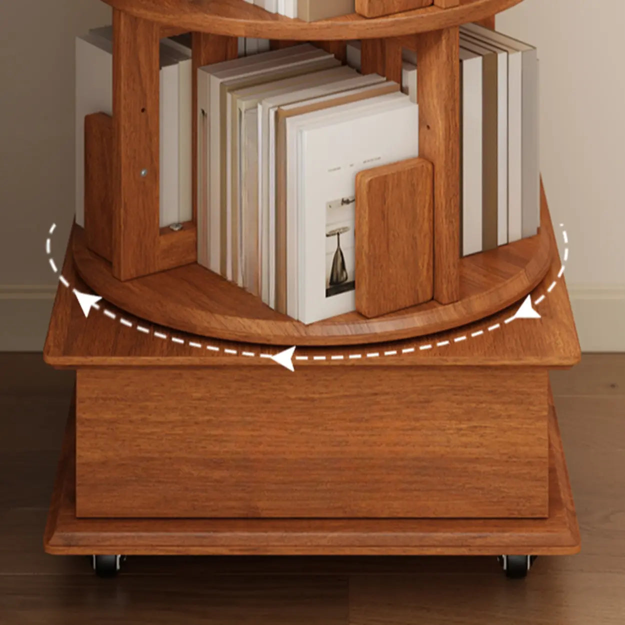 Scandinavian Tiered Rotating Wood Corner Bookshelf — Cherry Wood